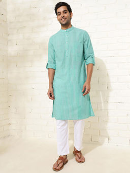 Fabindia - Men Turquoise Mandarin Collar Long Sleeves Kurta