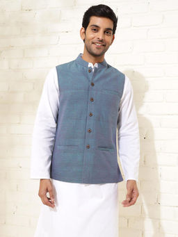 Fabindia - Men Blue Woven Design Cotton Nehru Jacket