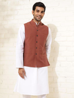 Fabindia - Men Rust Printed Cotton Nehru Jacket