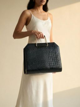 Ya Qalbi - Textured Leather Structured Handbag With Detachable Strap - Blue