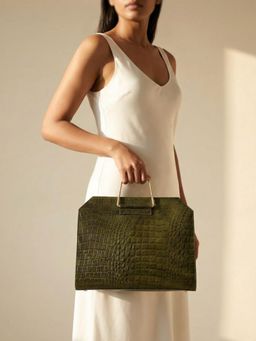 Ya Qalbi - Textured Leather Structured Handbag With Detachable Strap - Green