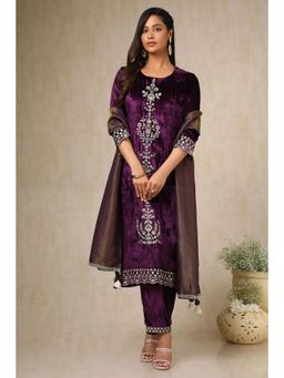 Soch - Womens Purple Velvet Embroidered Kurta & Pant with Dupatta (Set of 3)