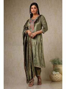 Soch - Womens Olive Velvet Embroidered Kurta & Pant with Dupatta (Set of 3)