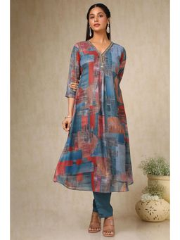 Soch - Womens Teal Georgette Blend Abstract Print Kurta & Pant (Set of 2)