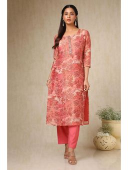 Soch - Womens Onion Pink Tissue Floral Print Kurta & Pant (Set of 2)