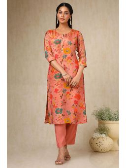 Soch - Womens Peach Tissue Floral Print Kurta & Pant (Set of 2)