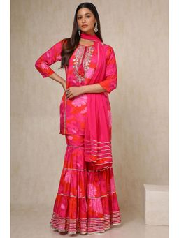 Soch - Womens Pink Muslin Floral Print Kurta & Sharara with Dupatta (Set of 3)