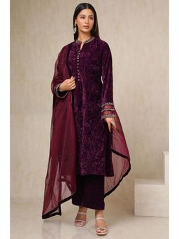 Soch - Womens Wine Velvet Embroidered Kurta & Palazzo with Dupatta (Set of 3)