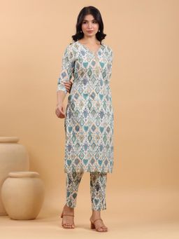 Janasya - Women Off White Cotton Ikkat Printed Straight Kurta with Pant (Set of 2)