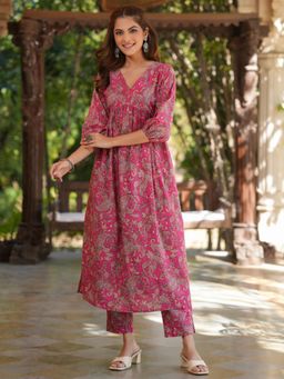 Janasya - Women Pink Pure Cotton Floral Printed A-Line Kurta & Pant (Set of 2)