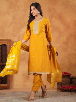 Janasya - Women Mustard Chanderi Embroidered Kurta & Pant with Dupatta (Set of 3)