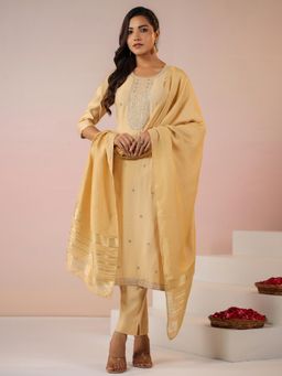 Janasya - Women Beige Chanderi Embroidered Kurta & Pant with Dupatta (Set of 3)