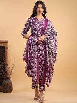Janasya - Women Purple Cotton Floral Straight Kurta & Pant with Dupatta (Set of 3)