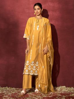 Janasya - Women Mustard Chanderi Embroidered Kurta & Pant with Dupatta (Set of 3)