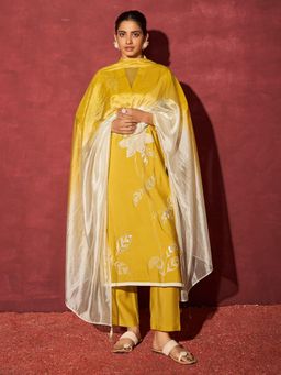 Janasya - Women Yellow Silk Embroidered Kurta & Pant with Dupatta (Set of 3)