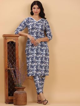 Janasya - Women White and Navy Floral Printed Straight Kurta & Pant (Set of 2)