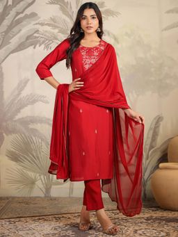Janasya - Women Red Chanderi Straight Kurta & Pant with Dupatta (Set of 3)
