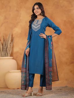 Janasya - Women Teal Blue Silk Blend Embroidered Kurta & Pant with Dupatta (Set of 3)