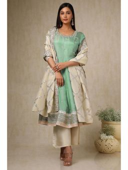 Soch - Womens Green Tissue Embroidered Anarkali & Palazzo with Dupatta (Set of 3)