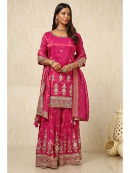 Soch - Womens Fuchsia Tissue Embroidered Kurta & Palazzo with Dupatta (Set of 3)