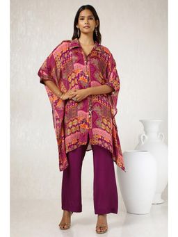 Soch - Womens Purple Chinon Ethnic Motifs Kaftan with Pant (Set of 3)