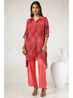 Soch - Womens Red Chinon Ethnic Motifs Kaftan with Pant (Set of 3)