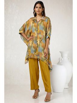 Soch - Womens Mustard Chinon Ethnic Motifs Kaftan with Pant (Set of 3)
