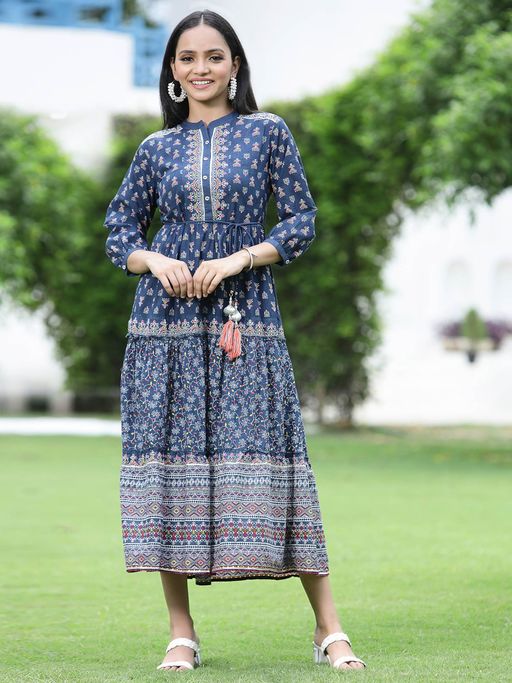 Buy Juniper Indigo Ethnic Motif Printed Pure Cotton Tiered Maxi Dress.  Online
