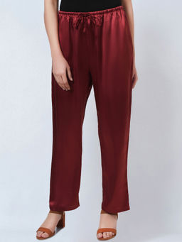 First Resort by Ramola Bachchan - Maroon Satin Straight Pant