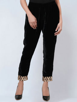 First Resort by Ramola Bachchan - Black Silk Velvet Straight Pant with Gota Lace Detail