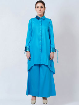 First Resort by Ramola Bachchan - Blue Sequinned Shirt Dress & Palazzo Co-Ord (Set of 2)