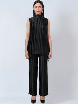 First Resort by Ramola Bachchan - Black Sleeveless Turtle Neck Box Pleated Top
