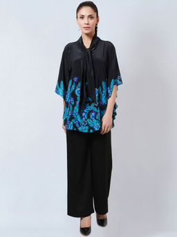 First Resort by Ramola Bachchan - Black & Blue Floral Bow Tie Top
