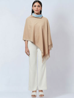 First Resort by Ramola Bachchan - Beige Asymmetrical Cowl Neck Embellished Cashmere Poncho