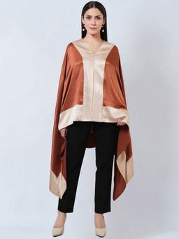 First Resort by Ramola Bachchan - Rust Satin Asymmetrical Top with Gold Border