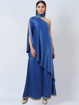 First Resort by Ramola Bachchan - Azure Blue One Shoulder Asymmetric Top