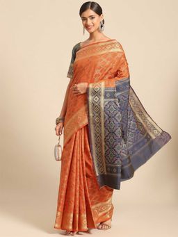 Odette - Orange Silk Blend Printed Saree with Unstitched Blouse