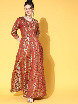 Chhabra 555 - Red Floral Banarasi Brocade Gown
