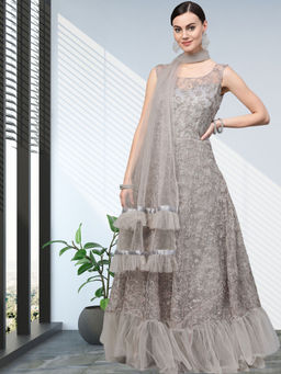 Chhabra 555 - Grey Resham Embroidered Ruffled Gown with Dupatta (Set of 2)