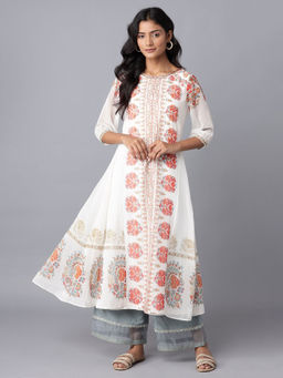WISHFUL by W - Ecru Floal Print Panelled A-line Kurta