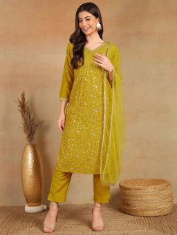 Vaamsi - Women Mustard Silk Blend Embroidered Straight Kurta Pant With Dupatta (Set of 3)