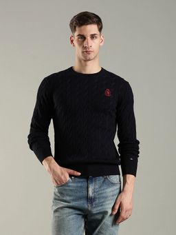 Tommy Hilfiger - Navy Blue Self-Design Regular Fit Cotton Sweater