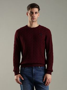 Tommy Hilfiger - Burgundy Self-Design Regular Fit Cotton Sweater