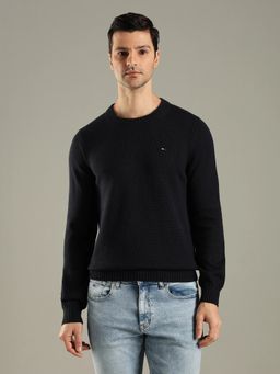 Tommy Hilfiger - Navy Blue Solid Regular Fit Cotton Sweater