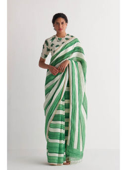 Shivani Bhargava - Green & White Streak Saree with Unstitched Blouse
