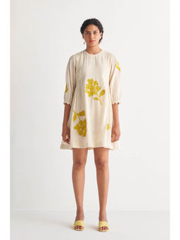 Shivani Bhargava - Canary Yellow Pintuck Cross-Stitch Bunch Off-White Dress