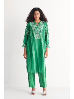 Shivani Bhargava - Green Melange Cutwork & Cross-Stitch Kurta (Set of 2)
