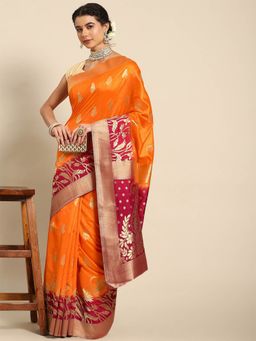 Odette - Orange Silk Blend Woven Saree with Unstitched Blouse