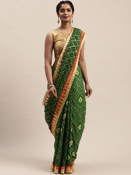 Vastranand - Green Printed Bandhani Saree with Unstitched Blouse