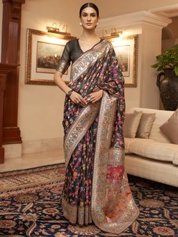 Akhilam - Women's Silk Blend Black Woven Design Celebrity Saree With Blouse Piece with Unstitched